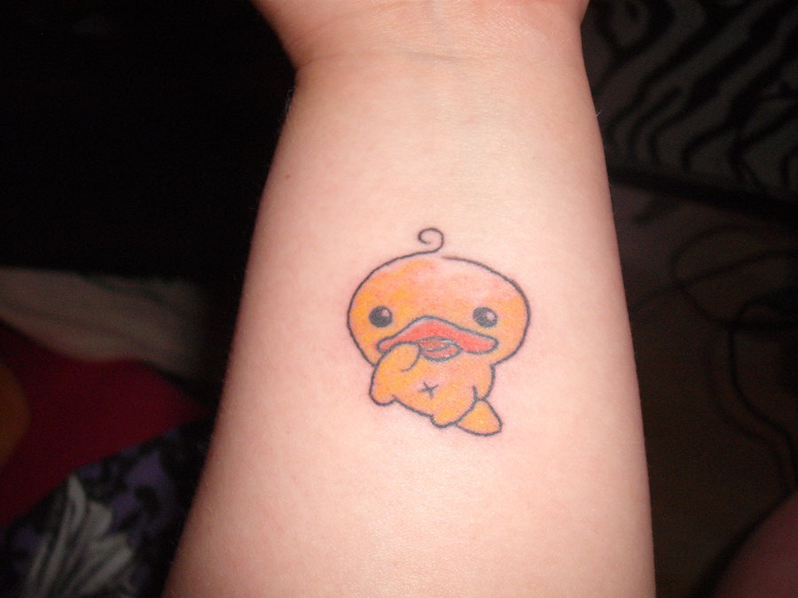 Yellow Ink Duck Tattoo On Left Forearm