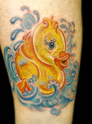 Yellow Rubber Duck Tattoo On Leg