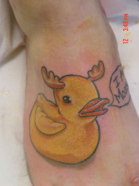 Yellow Rubber Duck Tattoo On Right Foot