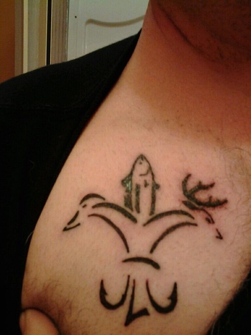 duck Fish Buck Fleur De Lis Tattoo On Front Shoulder