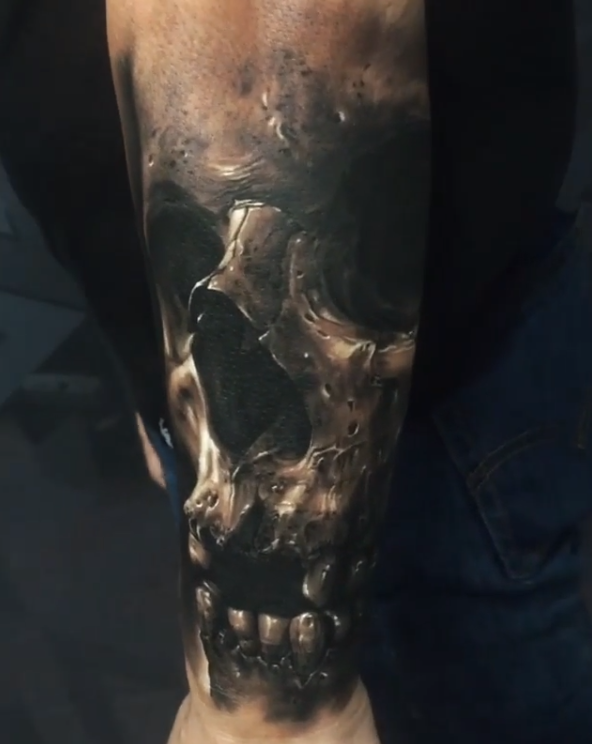 3D Skull Tattoo On Man Left Sleeve