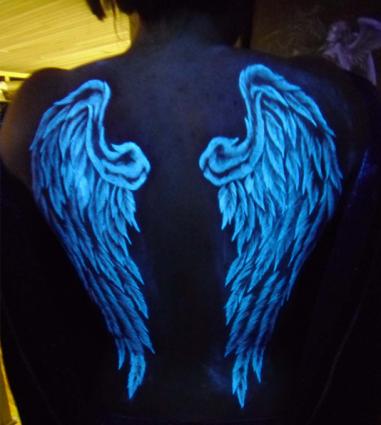 Angel Wings Black Light Tattoo On Girl Full Back