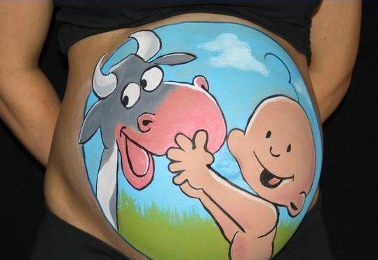Animated Cow And Baby Tattoos On Pregnant Lady Belly