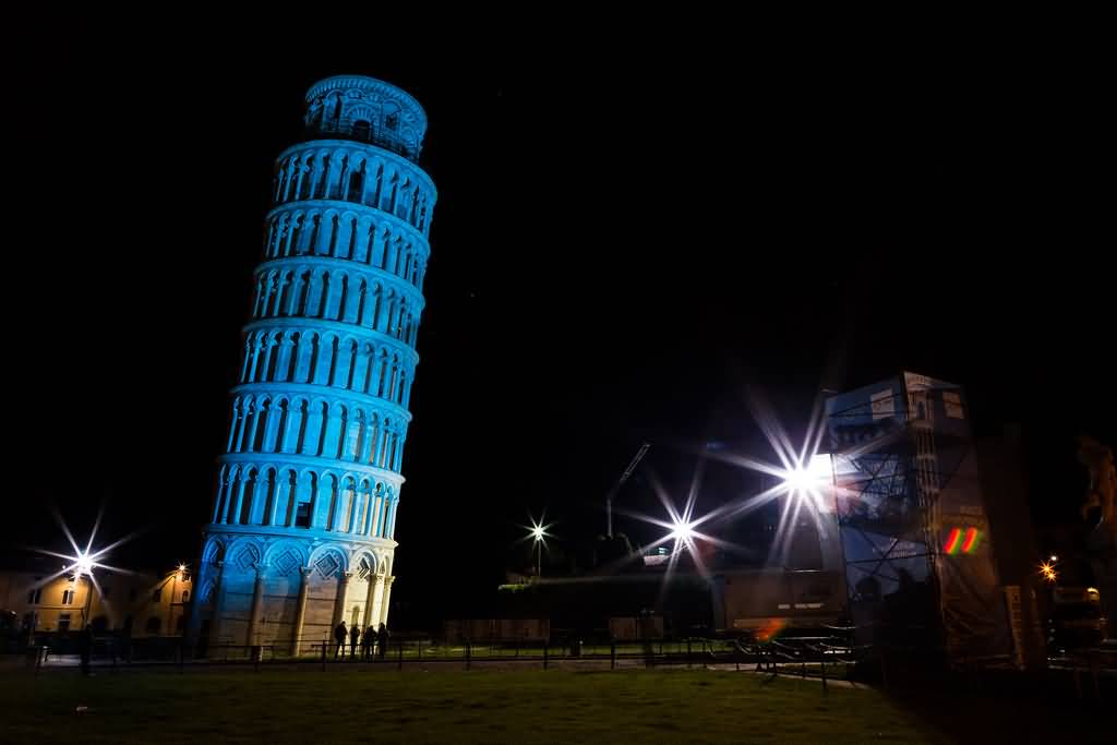 Beautiful Blue Lights On The Leaning Tower Of Pisa At Night