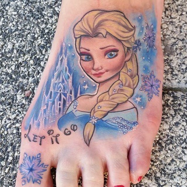 Beautiful Elsa Tattoo On Left Foot by Steffi Mckee