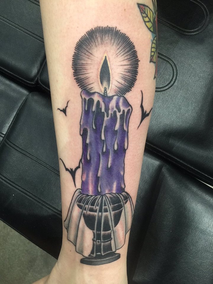 Beautiful Flaming Candle Tattoo On Forearm by Jason Tritten