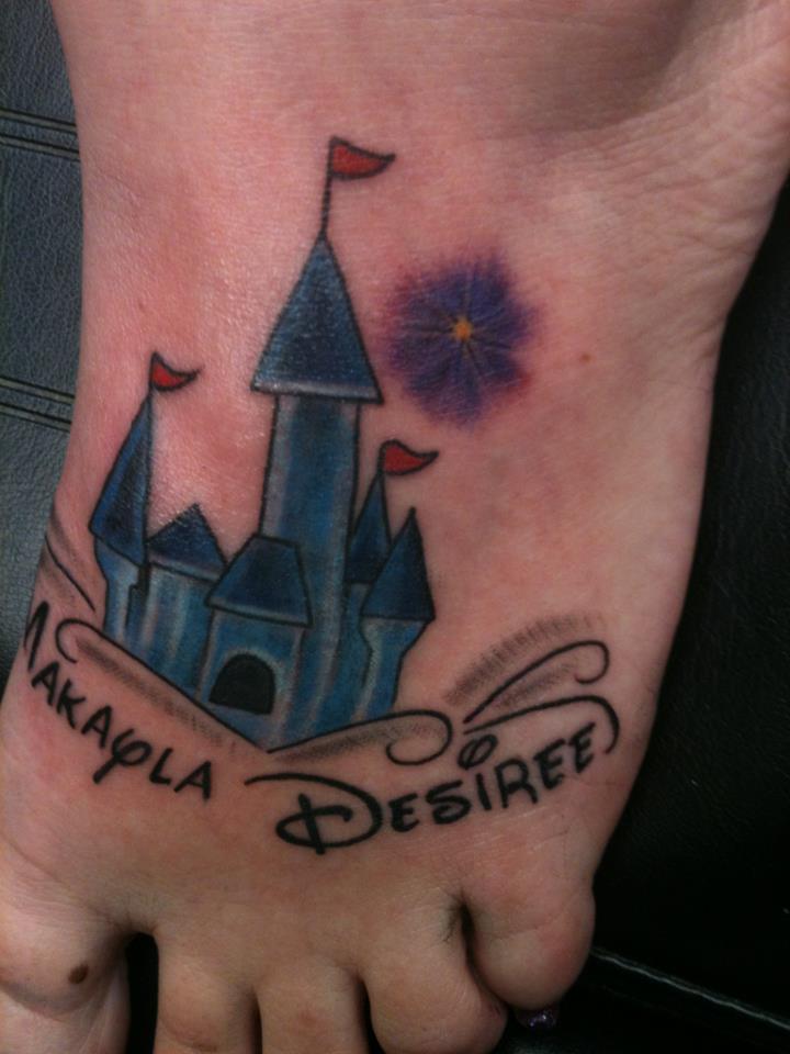 Blue Ink Disney Castle Tattoo On Left Foot