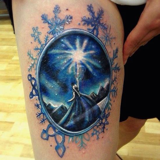 Blue Ink Disney Tattoos On Right Thigh