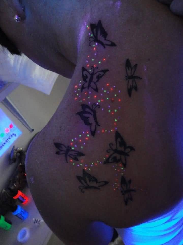 Butterflies And Black Light Tattoo On Left Back Shoulder