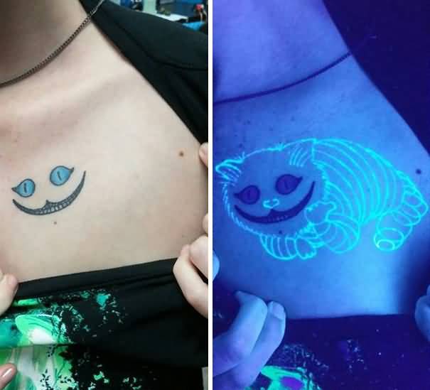 Cheshire Cat Black Light Tattoo on Girl Collar Bone