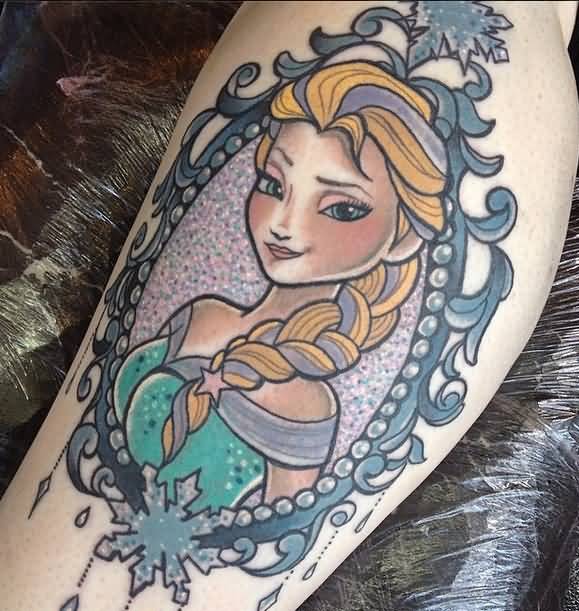Color Ink Elsa Portrait In Frame Tattoo