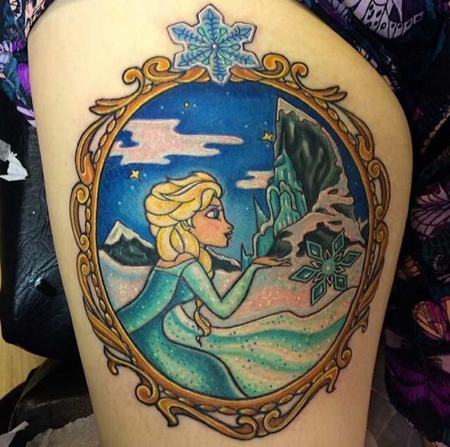 Colored Frozen Elsa In Frame Tattoo On Thigh