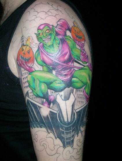 Colored Goblin Tattoo On Left Half Sleeve