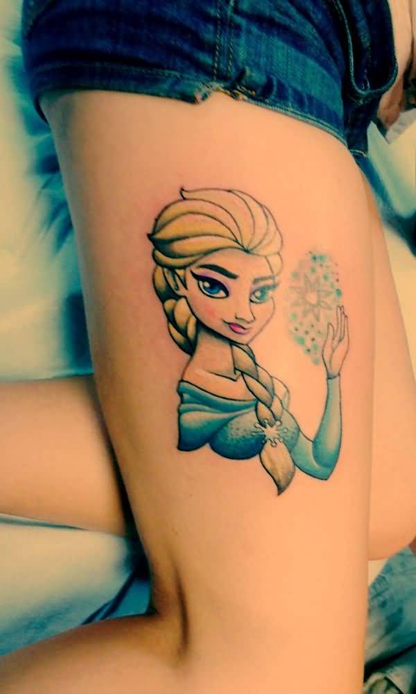Cool Elsa Tattoo On Girl Side Thigh