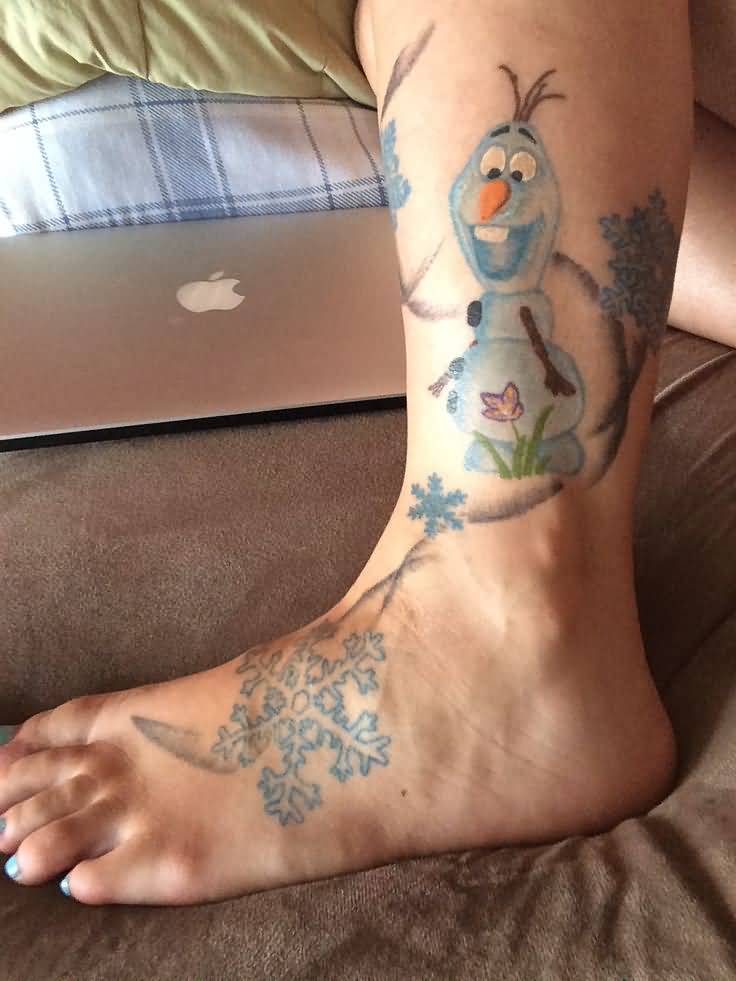 Frozen Olaf Tattoo On Left Leg