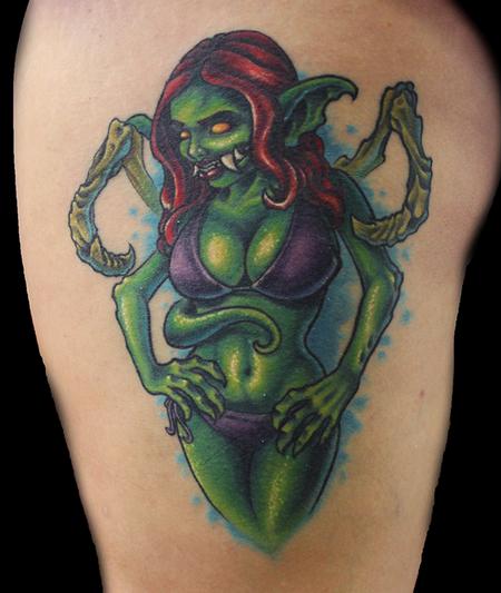 Green Ink Goblin Girl Tattoo