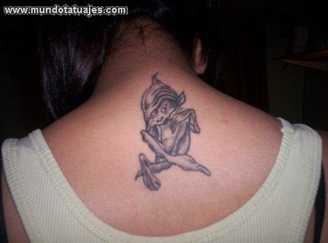 Grey Goblin Tattoo On Girl Upper Back