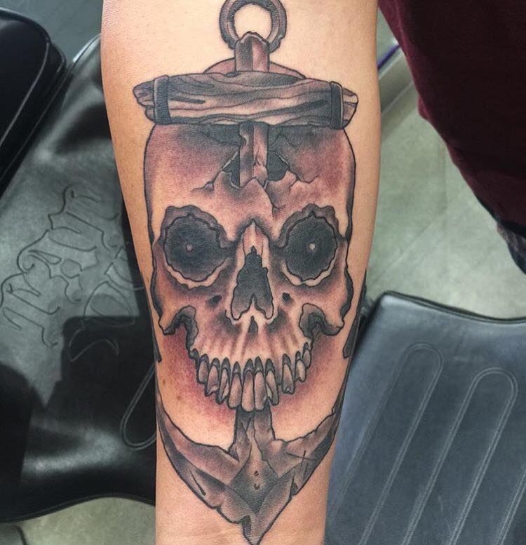 Grey Ink Anchor Skull Tattoo by Revolt Tattoos