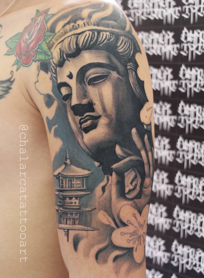 Grey Ink Buddha Tattoo On Left Half Sleeve by Felipe Chalarca