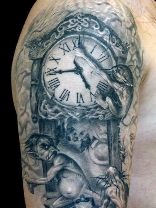 Grey Ink Clock And Goblin Tattoo On Right Half Sleeve