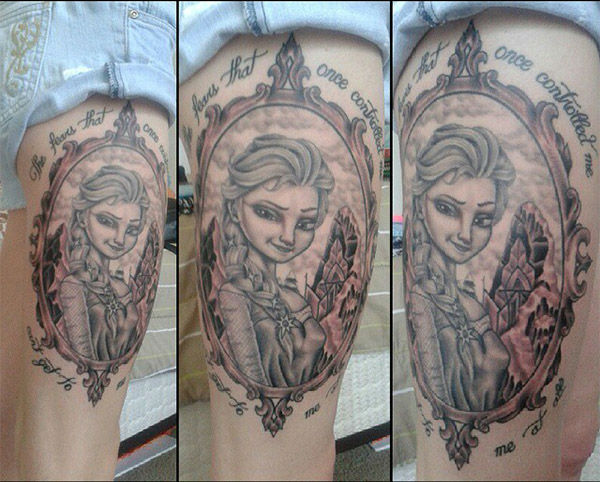 Grey Ink Elsa Tattoo On Side Leg