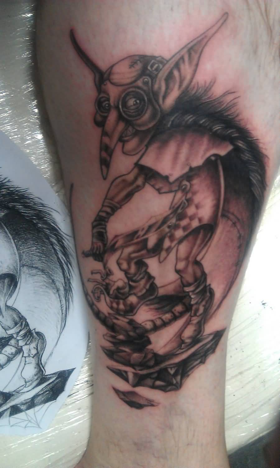 Grey Ink Goblin Tattoo On Side Leg by Kmg454