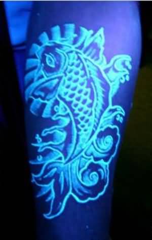 Japanese Koi Fish Black Light Tattoo On Leg