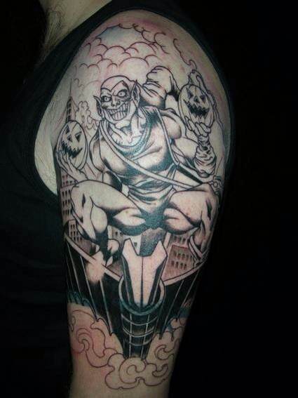 Left Half Sleeve Grey Ink Goblin Tattoo