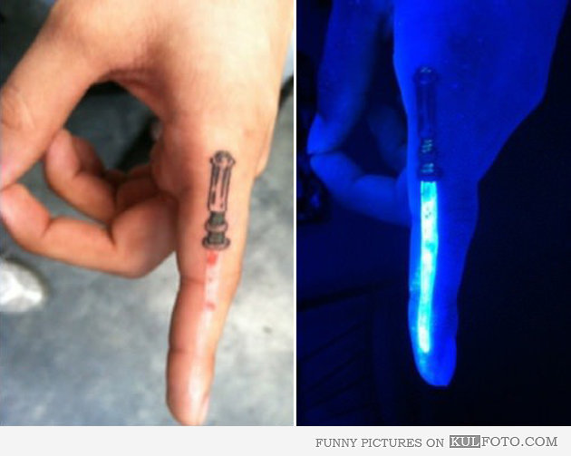Lightsaber Black Light Tattoo On Side Finger