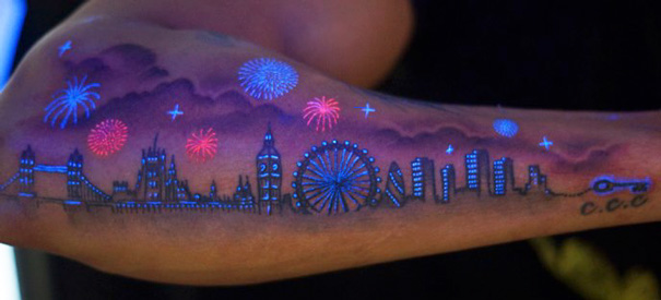 Night View Of City Black Light Tattoo On Right Arm