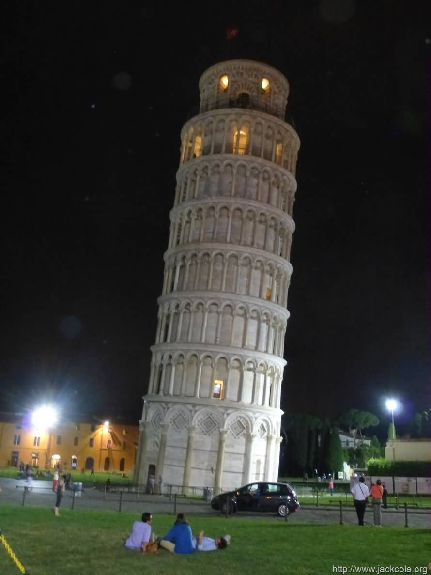 Night View Of The Leaning Tower Of Pisa In Italy