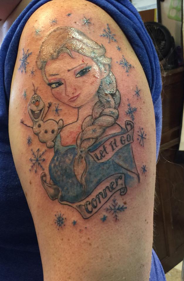 Olaf And Elsa Tattoo On Left Shoulder