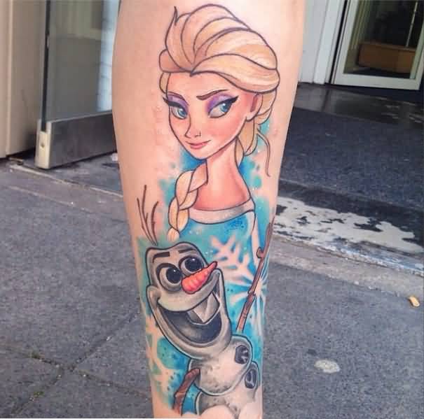 Olaf And Elsa Tattoo On Leg