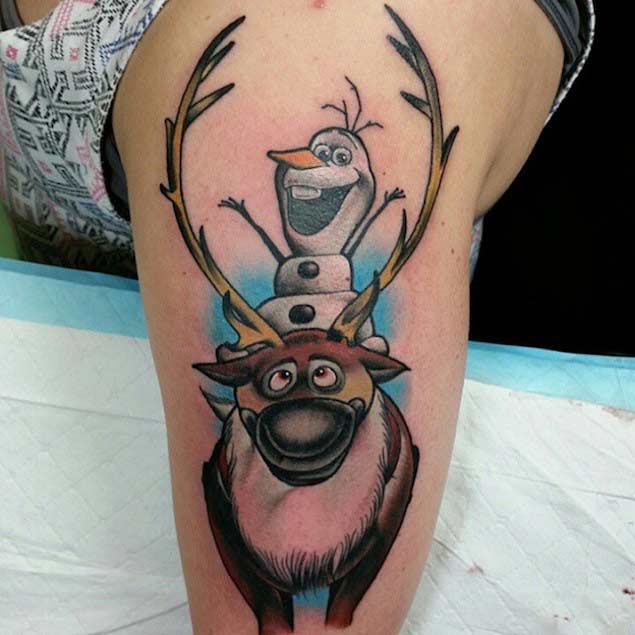 Olaf Riding Yack Tattoo On Left Half Sleeve