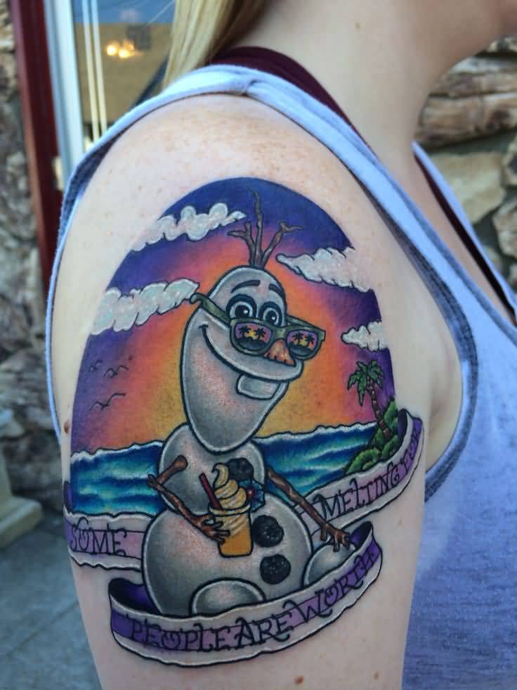 Olaf Tattoo On Girl Right Shoulder