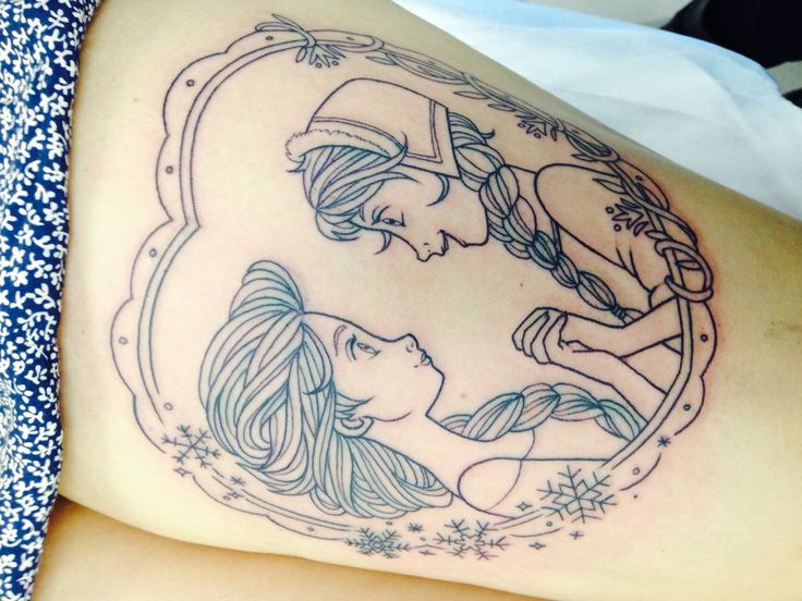 Outline Anna And Elsa Tattoo On Thigh
