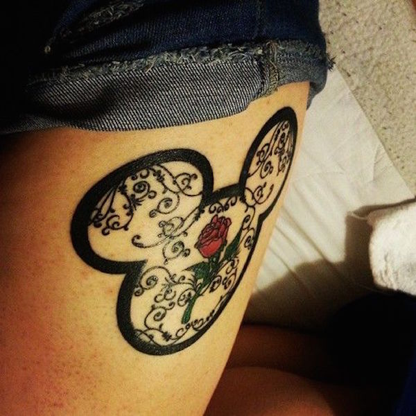 Outline Disney Minnie Tattoo On Side Leg