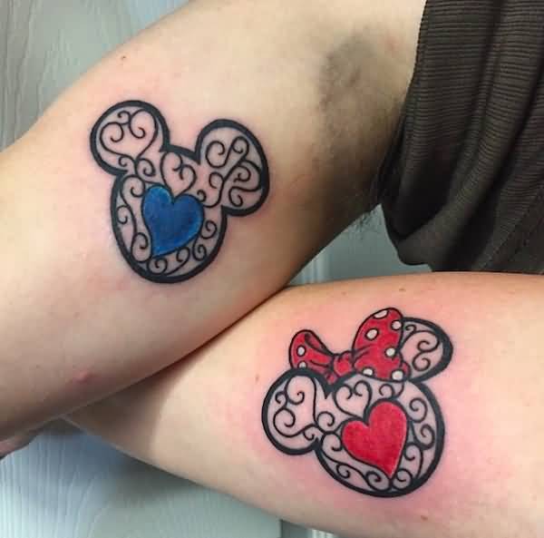 Red And Blue Ink Mickey And Minnie Disney Tattoos