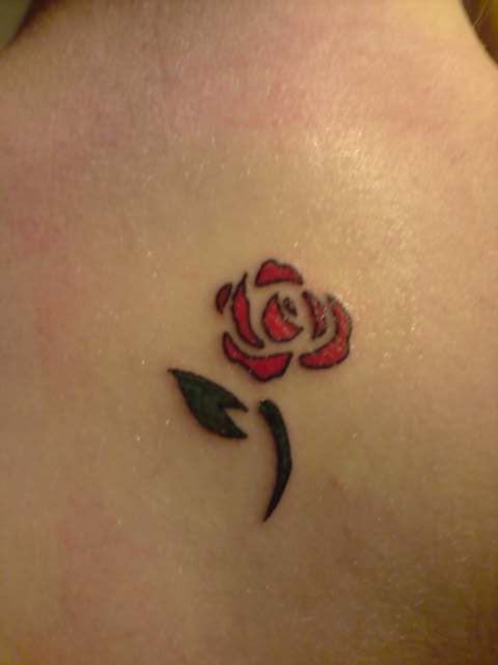 Red Rose Disney Tattoo On Upper Back