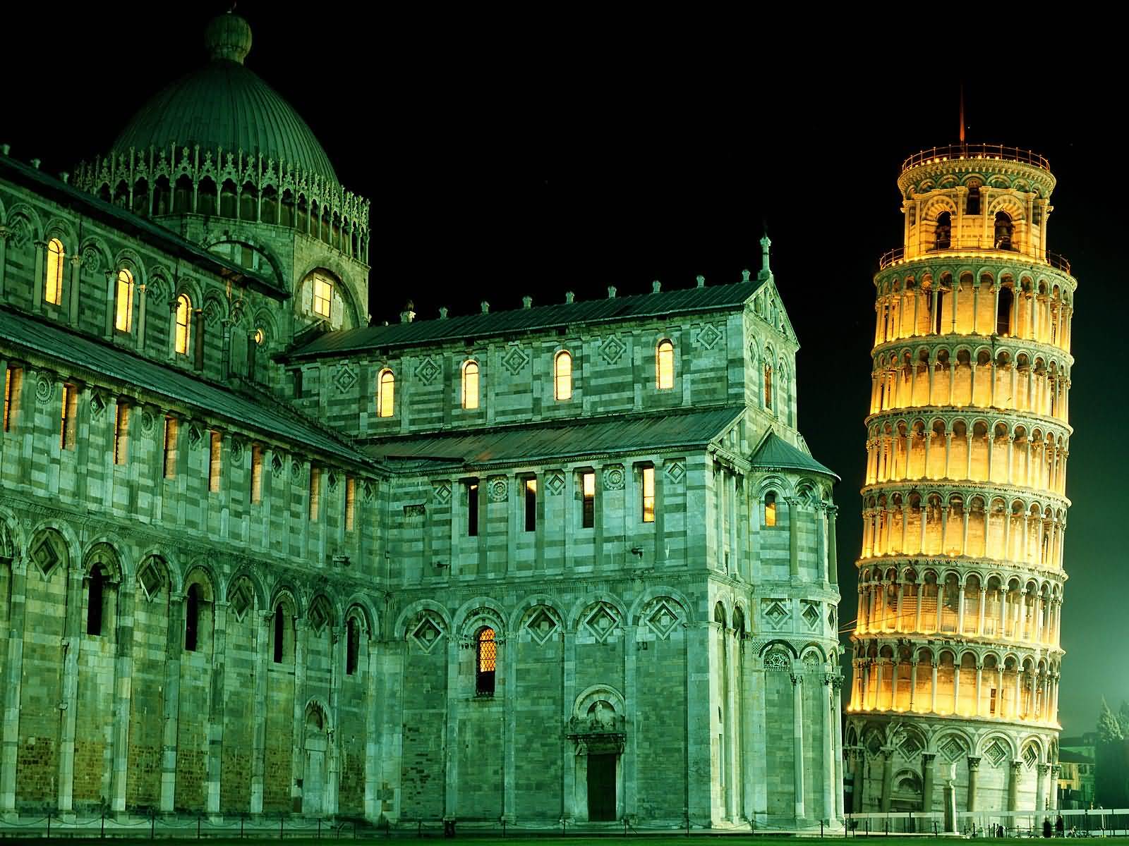 St. Mary Cathedral And Leaning Tower Of Pisa At Night