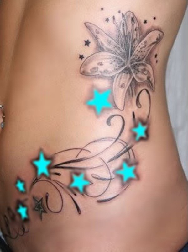 Stars And Lily Flower Black Light Tattoo On Side Rib