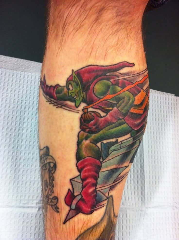 Super Villain Comic Goblin Tattoo On Leg