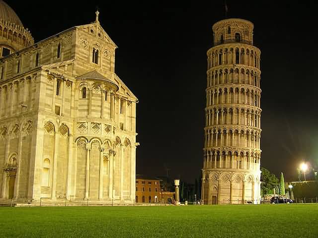 The Leaning Tower Of Pisa And St. Mary Cathedral Illuminated At Night