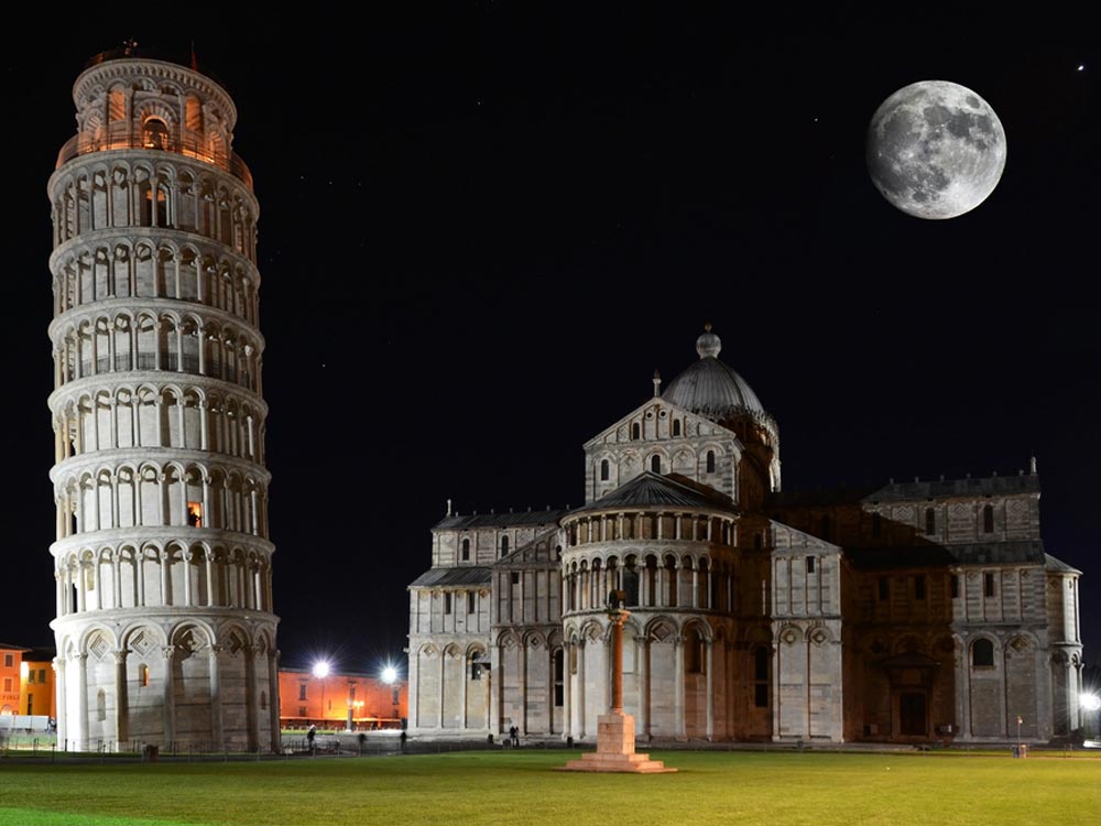 The Leaning Tower Of Pisa And St. Mary Cathedral Night View With Full Moon Picture