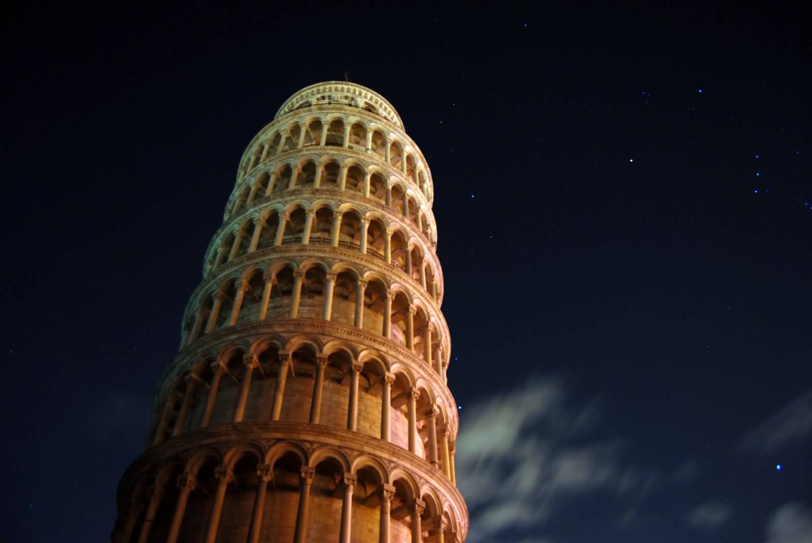 The Leaning Tower Of Pisa At Night View From Below