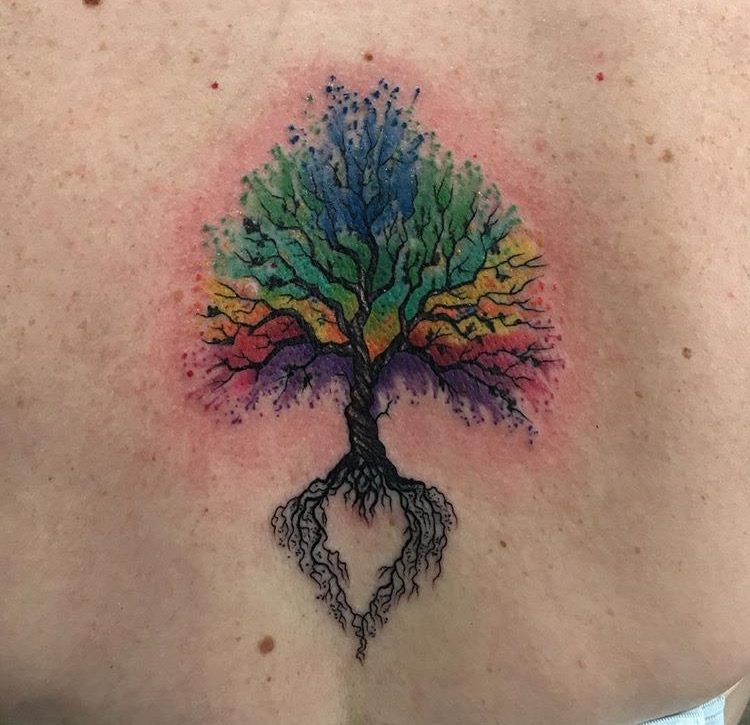Watercolor Tree Tattoo On Back by Revolt Tattoo