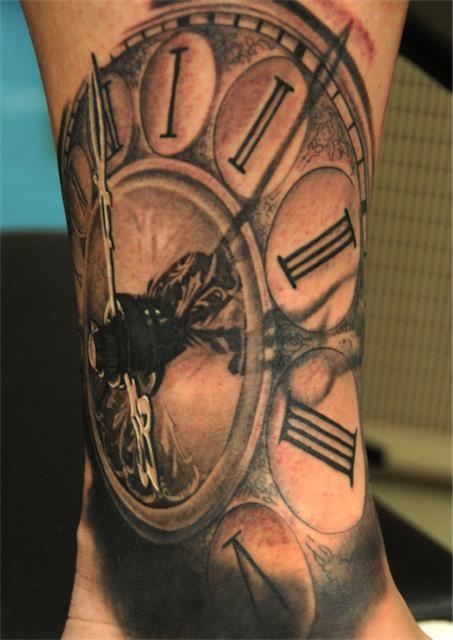3D Clock Tattoo On Leg
