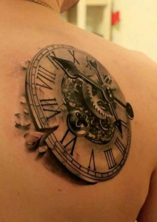 3D Steampunk Clock Tattoo On Right Back Shoulder