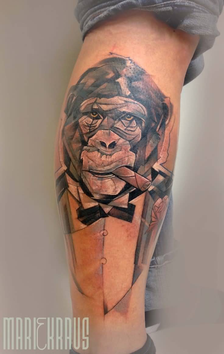 Abstract Smoking Chimpanzee Tattoo On Leg