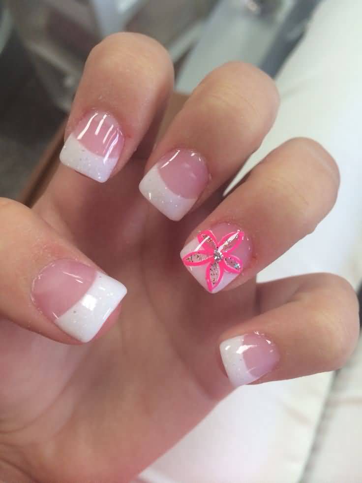 Acrylic White Tips With Pink Flower Accent Nail Art